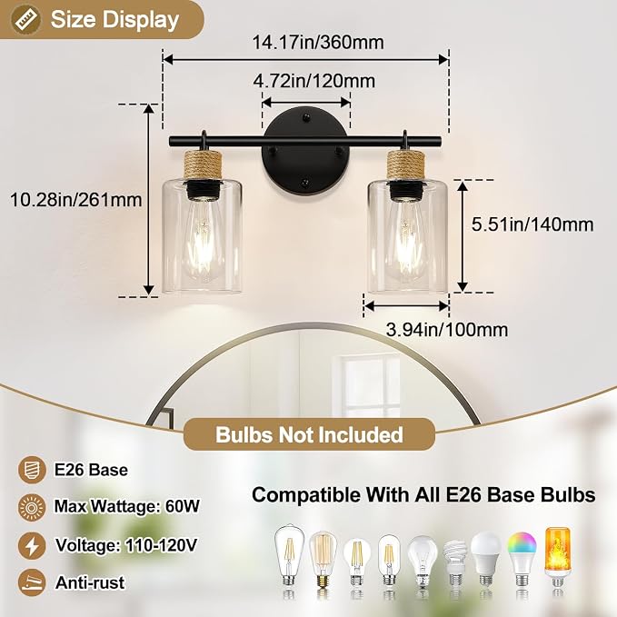 MOKATNG Bathroom Light Fixtures, 2-Light Farmhouse Vanity Lights with Hemp Rope, Black Bathroom Wall Lamp for Mirror Kitchen Hallway Cabinet