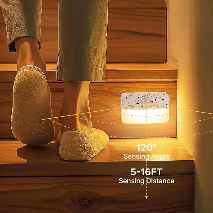 Guankai 16 Pack Motion Sensor Stair Light for Indoor, Battery Operated Closet Lights, Wireless Stick on Anywhere Hallway Lamp, Portable Led Night Lamps for Bedroom Under Cabinet Kitchen,Terrazzo White