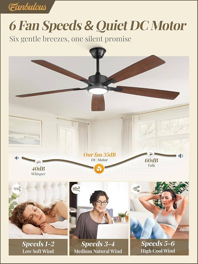 Fanbulous 60 Inch Ceiling Fans with Lights and Remote, Black | Stepless Color Temperature Change & Dimmable 20W LED Ceiling Fan, 6 Speeds Reversible Quiet DC Motor, for Bedroom Living Room