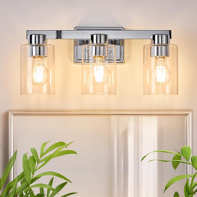 3-Light Bathroom Light Fixtures with Clear Glass, Chrome | Vanity Lights, Modern Wall Sconces, Over Mirror for Bathroom, Powder Room, Living Room