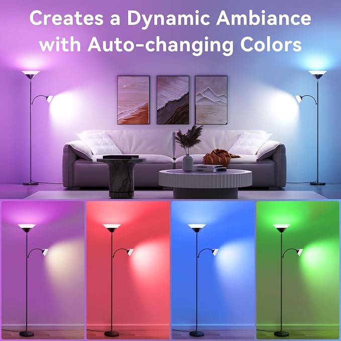 RGB Torchiere Floor Lamp, 2-in-1 Dimmable Standing Lamp with Remote & Button Control, 34W 360° Rotatable LED Reading Lamp, 72" Modern Tall Corner Lamp for Bedroom, Living Room, Office, Black
