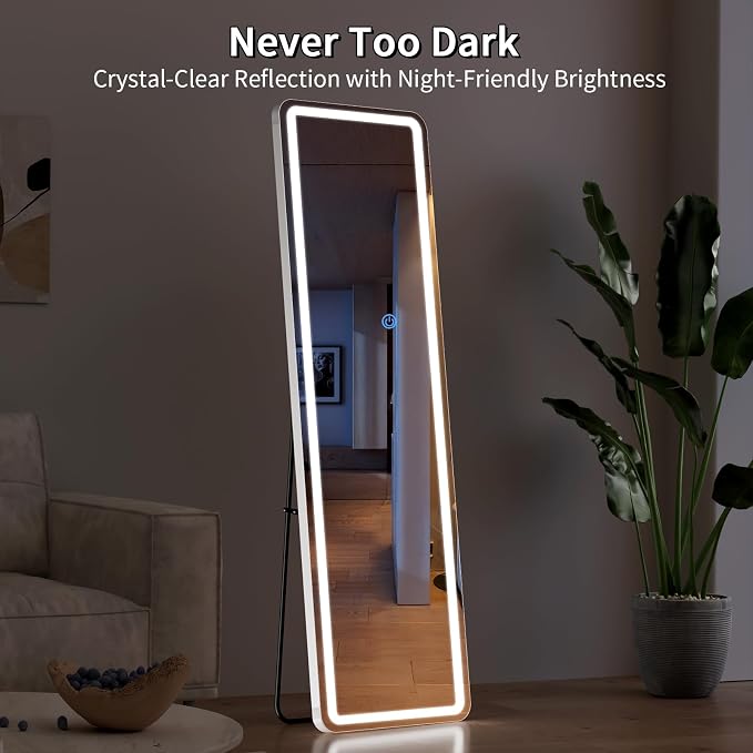 Koonmi Full Length Mirror with LED Lights, 60"x16" Lighted Mirror with Dimming & 3 Color Lighting, Big Mirror for Bedroom, Dressing Room, Rectangle,White