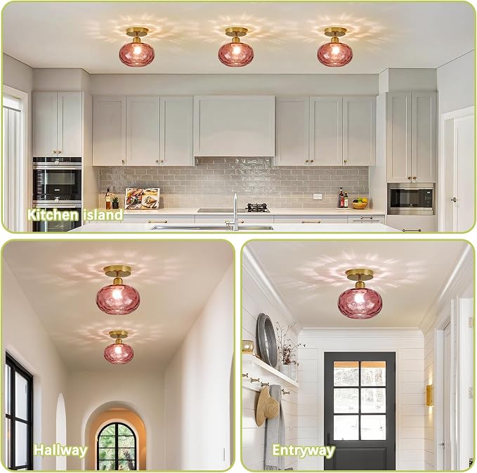 Luafac 7.9″ Small Semi Flush Mount Ceiling Light,Red Hallway Light Fixtures | Art Deco Hammered Glass,Whimsical,Vintage Gold Mid Century MCM Lighting for Closet Cottage Entryway Laundry Room Foyer