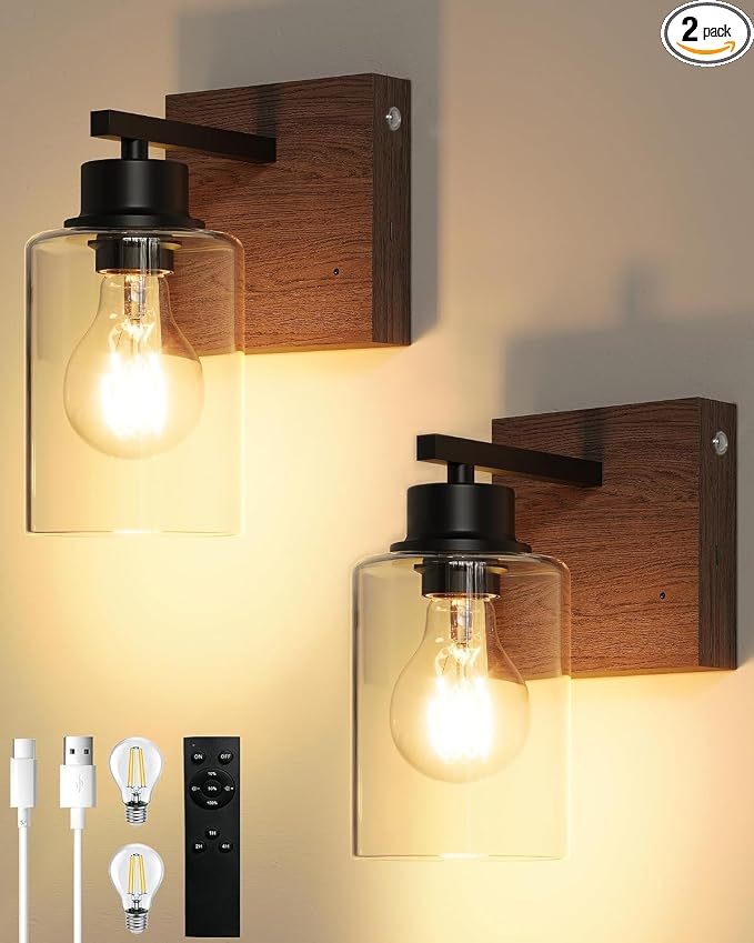 Rayogale Wireless Battery Operated Wall Sconce Set of 2 with Remote Control | Black & Walnut Dimmable Rechargeable Wall Lights with Timer, Easy Install Glass Lamp for Living Room Bedroom, Emergency 3000K