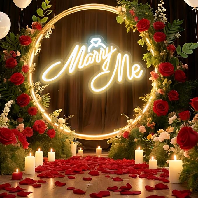 Marry Me Neon Sign, LED Neon Sign Wall Decor for for Engagement Proposal Wedding Ceremony Backdrop Wall Background Decorations, 16"x 9" USB Powered 10 Warm Brightness Light up Letters Signs