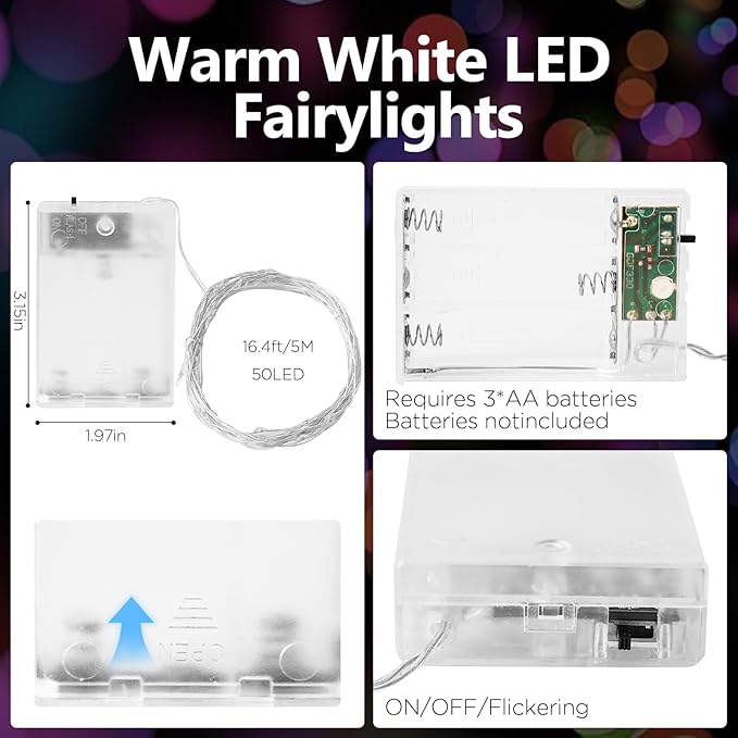 Fairy Lights Battery Operated String Lights 16.4ft 50LED Flashing and Constant Light Waterproof Silver Wire for Christmas DIY Party Wedding Decoration (Multicolor, 2 Pack)