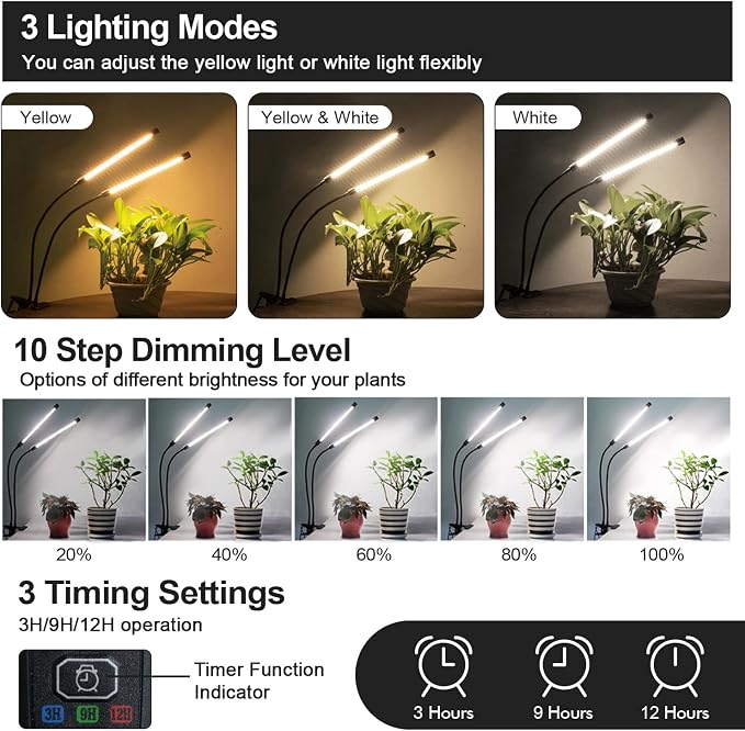 bseah Plant Grow Light for Indoor Plants, Full Spectrum Indoor Grow Light, 10-Level Dimmable and Auto ON & Off Timer (2 Head 2 Pack)