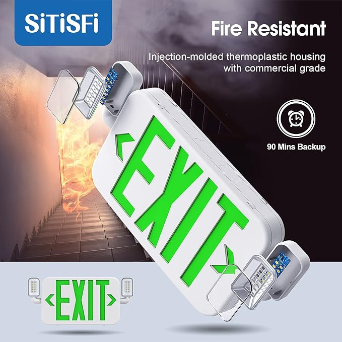 Led Combo Emergency Exit Sign Light with Two Adjustable Head Lights and Backup Battery,US Standard Green Letter Commercial Emergency Exit Lighting,UL 924,120/277V (4Pack)