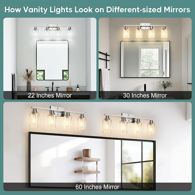Ascher Bathroom Light Fixtures, 4-Light Vanity Light Over Mirror, Brushed Nickel Wall Sconces with Clear Glass Shades, Wall Lamp for Living Room Bedroom, E26 Base(Bulbs Not Included)