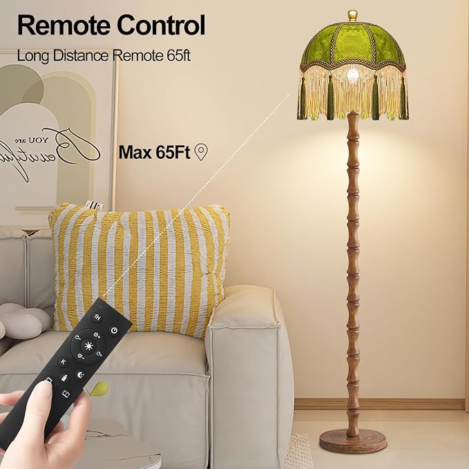 QIYIZM Vintage Floor Lamp for Living Room,Bedroom,Fringe Standing Lamp with Remote Dimmable,Green Mid Century Gold Tall Lamp Boho Retro Wood Tassel Flower Unique Lamp Tiffany Decor