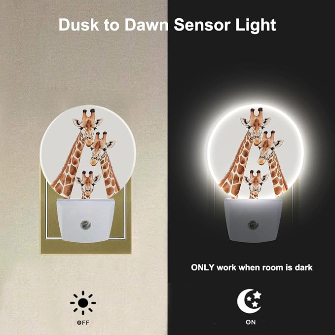 Funny Giraffes Night Lights Plug into Wall African Safari Animal Long Neck Spotted Skin Plug-in Nightlight Auto on/Off Dim Light Sleep Friendly for Boys Girls Men Women Room Decor