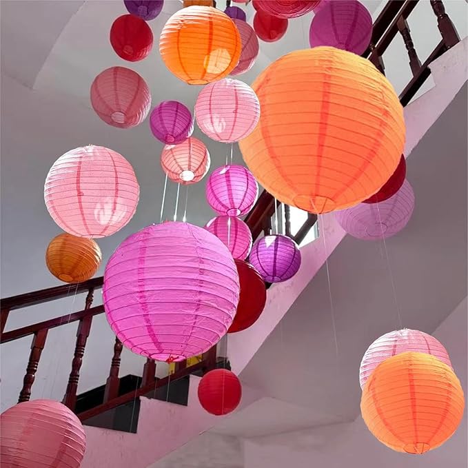 Pink Orange and Hot Pink Paper Lanterns 12Pcs Hanging Round Paper Lanterns Decorative for Graduation Baby Shower Wedding Birthday Family Parties ﻿