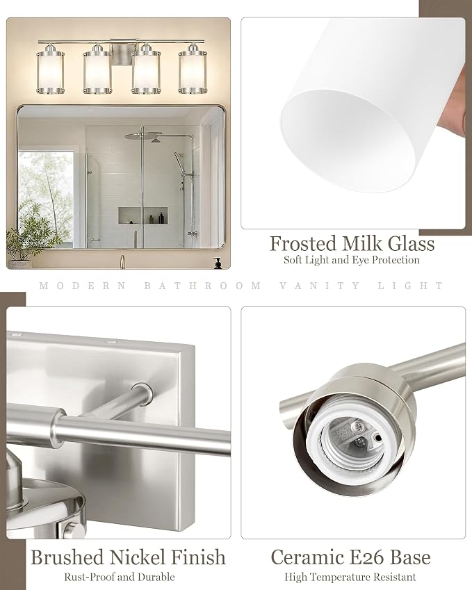 4-Light Brushed Nickel Bathroom Light Fixtures with Milk White Frosted Glass, 29" UL-Listed Modern Wall Sconce Over Mirror with Metal Cage for Bath, Hardwire E26, OS-3014BNW-4W