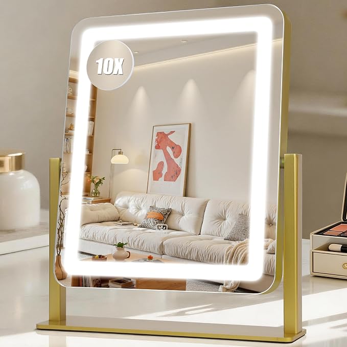 Rechargeable Vanity Mirror with Lights, 3000mAH Battery, 15"×12.2" LED Makeup Mirror, 10X Magnification, Smart Touch with 3-Color Lighting, 360° Rotation, Lighted Up for Makeup Desk, Bedroom (Gold)