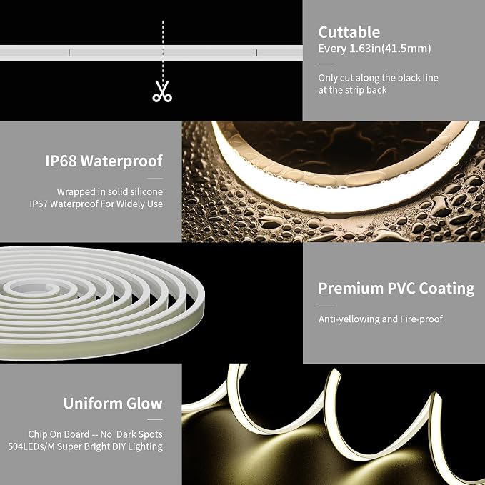 PAUTIX COB LED Strip Neon Rope Light 16.4ft/5m, 4000K White 504 LEDs/m 24V,Silicone LED Neon Light IP68 Waterproof for Outdoor Indoor Lighting Decor(Power Supply NOT Included)