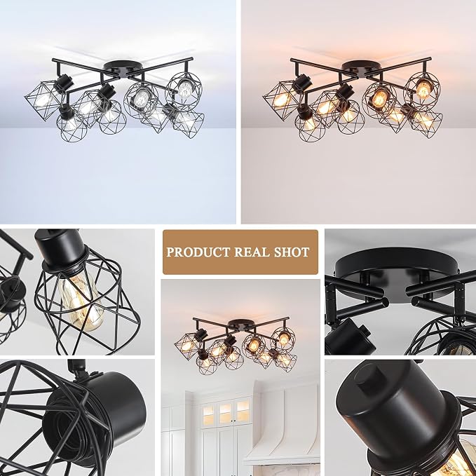 BUXVRCS 8 Lights Black Adjustable Multi-Directional Kitchen Light Fixtures | Track Lighting Fixtures, Metal Cage, Modern Minimalist Style, Spotlight Fixtures for Dining Room, E26 Socket