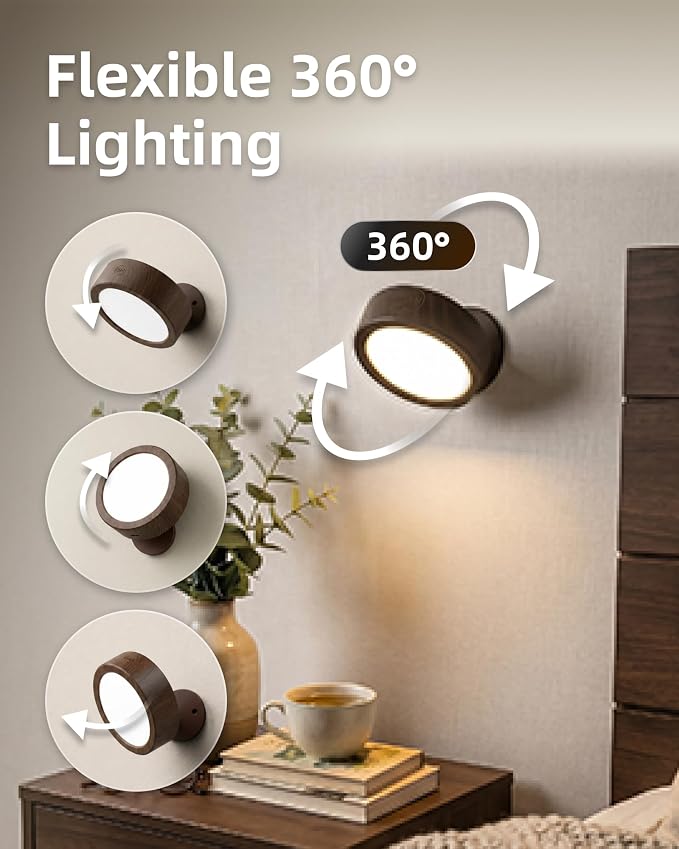 EZVALO LED Wall Mounted Light, 3000mAh Rechargeable Cordless Wall Sconce, Dimmable with Remote & Touch Control, 3 Color Temps, 360° Rotatable for Bedroom, Bedside, Reading(Walnut, 2Pack)