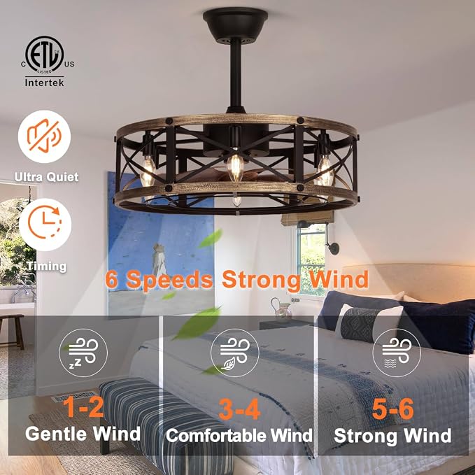 SHLUCE 22 Inch Farmhouse Fandelier Ceiling Fan with Light, ETL Listed | Remote Controlled, Rustic Caged Design, Quiet Operation, Energy Efficient, Indoor Ceiling Fan for Kitchen & Living Room Use