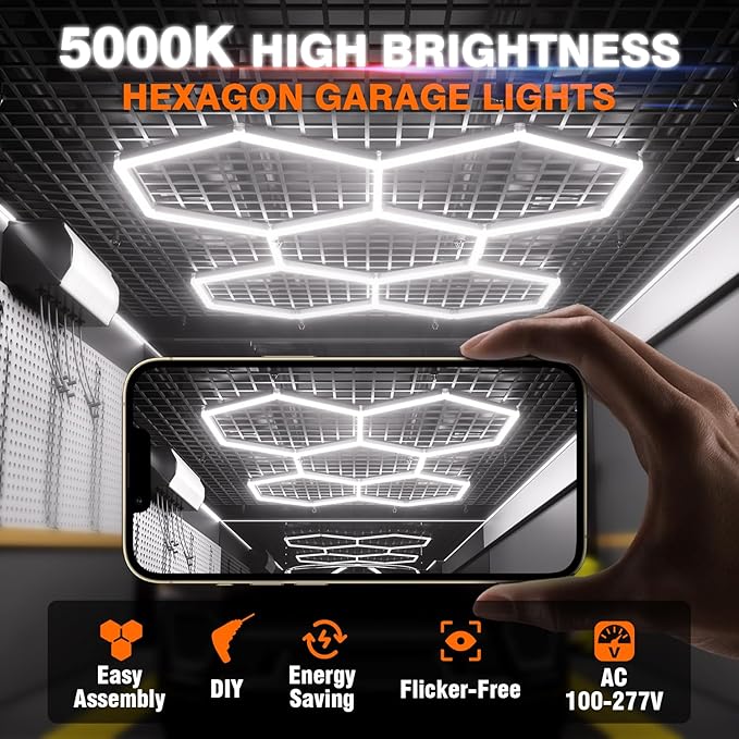Hexagon Garage Lights, 5-HEX 240W 5000K Daylight Garage LED Lights, Modular Honeycomb Shop Light for Detailing, Workshop, Home Gym, Warehouse, DIY Workspace
