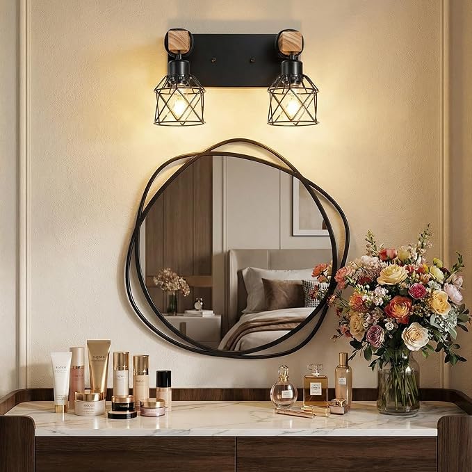 2-Light Farmhouse Vanity Light Fixture, Wood Bathroom Light Fixtures Over Mirror, Industrial Black Vanity Light with Metal Lampshade for Bedroom Hallway Living Room