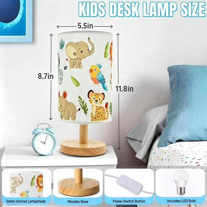 Kids Table Lamp-Night Light for Boys Room,3-Color LED Desk Lamp with Baby Elephant Zebra Giraffe Tiger Pattern Bedside Lamp Safari Animal Lampshade and Wood Base for Living Nursery Child Room Study