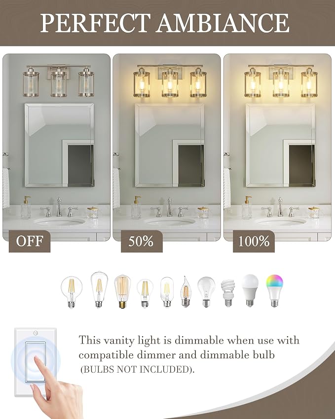 3-Light Brushed Nickel Bathroom Light Fixtures, 21 Inch Modern Bathroom Vanity Lighting Fixtures Over Mirror with Clear Glass and Metal Cage Wall Sconce Lights for Bath, E26, OS-3014BN-3W
