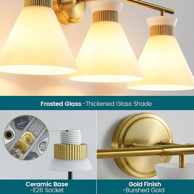 WOSHITU Bathroom Vanity Light Fixtures: 3-Lights Mid Century Modern Vanity Lights for Bathroom Over Mirror, Brushed Gold Wall Sconce Lighting with Frosted Milky Glass Shade for Bath Living Room