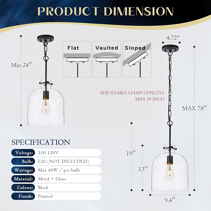 Farmhouse Black Pendant Light – 10" Seeded Glass Dome Hanging Lighting, Hand-Blown Bubble Glass Shade, 1-Light E26 Pendant Lights for Kitchen Island, Dining Room, Hallway