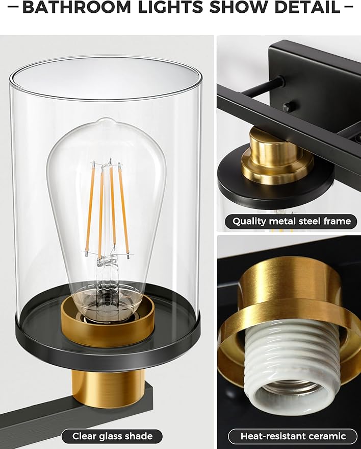 L LOHAS LED 3-Light Black and Gold Bathroom Light Fixtures, 20 Inch Modern Vanity Lights Over Mirror with Clear Glass Shade, Vanity Lights for Bathroom, ETL Listed