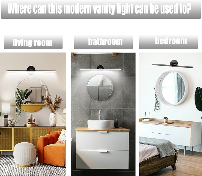 24 Inch LED Vanity Light Bar, Modern Black Bathroom Vanity Light Fixture，Over Mirror sconces Wall Lighting, Wall Light Bar with 3000K/4000K/5000K Dimmable Pull Chain Switch On/Off