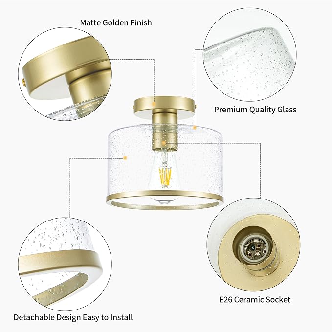 Zlepmlla Modern Flush Mount Ceiling Light, Seeded Glass Ceiling Light Fixture, Gold Light Fixture for Hallway, Bedroom, Entryway, Kitchen，Living Room