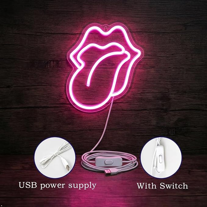 Lips Neon Sign LED Pink Lips Big Tongue Shaped Neon Signs for Wall Decor USB Neon Light Signs for Bedroom Bar Pub Hotel Christmas Wedding Party