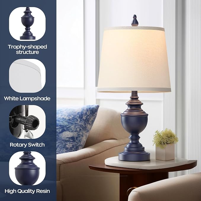 Retro Table Lamps Set of 2, Bedside Lamp for Bedroom Rustic Farmhouse Table Lamps for Living Room, Vintage Nightstand Lamps with White Shades, Blue