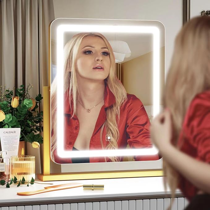 Gvnkvn Lighted Makeup Mirror, Hollywood Vanity Mirror with Lights, Three Color Lighting Modes, and 5X Magnification Mirror, Smart Touch Control, 360°Rotation (17.2in. White)