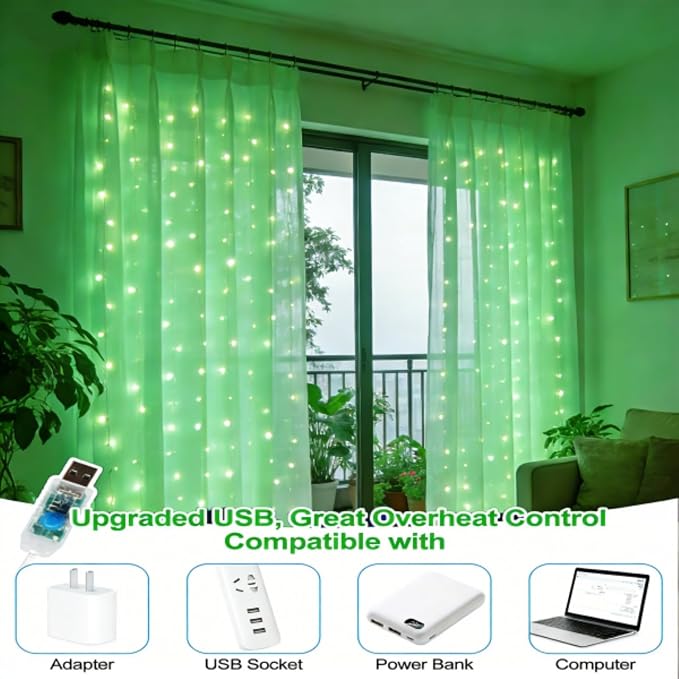 300 LED Fairy Curtain Lights, 9.8 x 9.8FT Green USB Plug in 8 Modes Hanging Lights with Remote for Christmas, Bedroom, Indoor, Outdoor, Weddings, Party (Green)