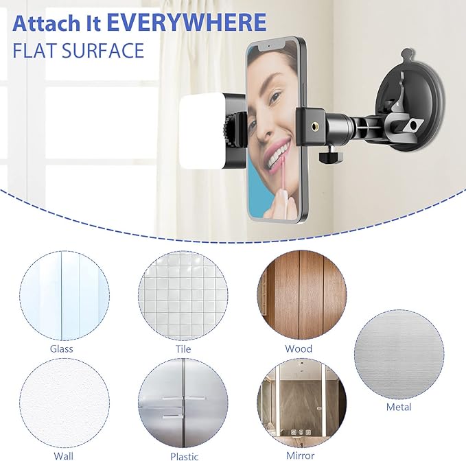Suction Cup Mirror Phone Holder with Light, Travel Wall Phone Camera Mount for Makeup Content Creator Essentials, Mirror Tripod for Bathroom Kitchen Compatile with All Smooth Surface