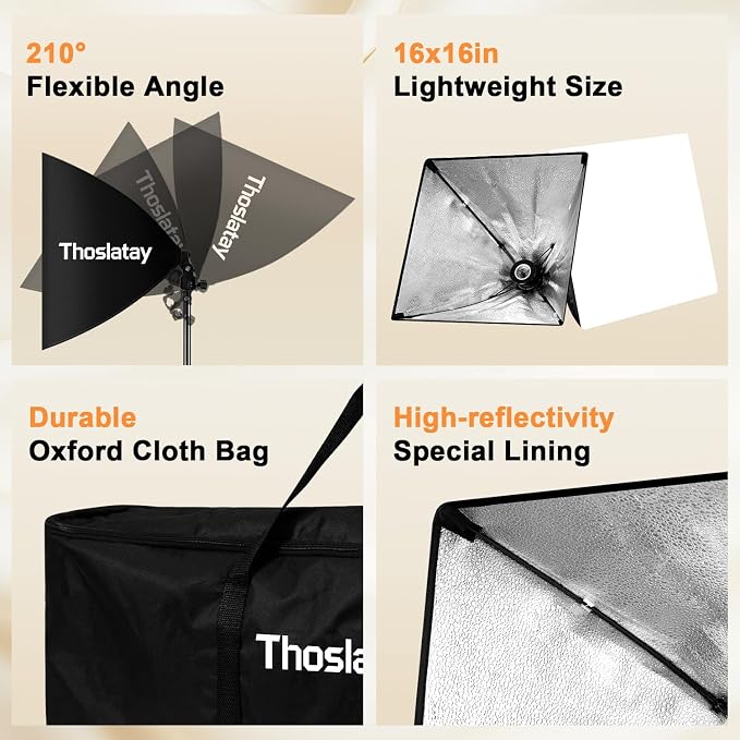Softbox Lighting Kit 2pack,Thoslatay16x16in Soft Box Upgrade 85W 2700-6400K 100-240V LED Bulbs Professional Photography Lighting Kit, Photo Studio Lights for Photoshoot/Video Recording/Live Streaming