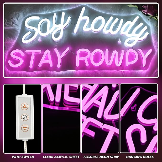 Say Howdy Stay Rowdy Neon Sign Wall Decor Dimmable Neon Light for Man Cave Pub Beer Bar Bedroom Recreation Room Gift