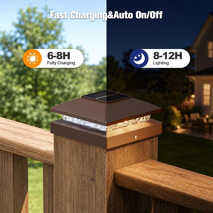 APONUO Solar Post Cap Lights for 4x4 Posts - IP64 Waterproof, Warm/Cool White, Wireless Fence Lights & Deck Lights for Patios, Gardens, and Yards, Brown,6 Pack