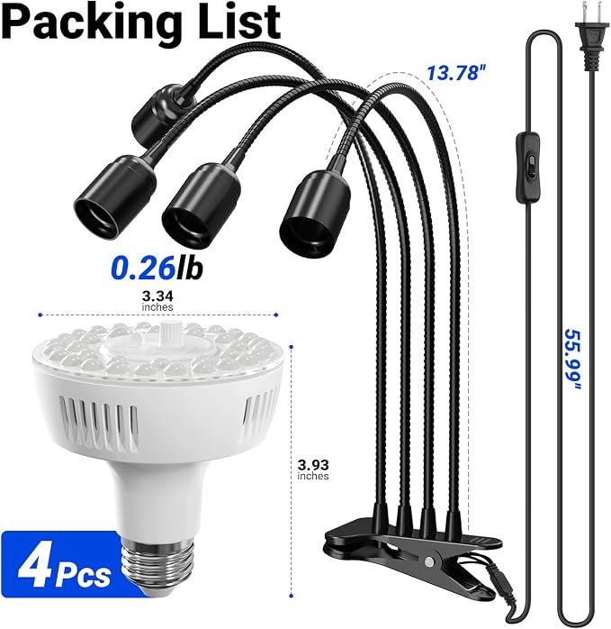 Barrina Orbgrow OG11A4 Clip On Grow Light for Indoor Plants, 4000K 44W | Integrated Stepless Dimming & Timing, Full Spectrum, High PPFD, 4 Goosenecks with E26 Plant Light Bulbs