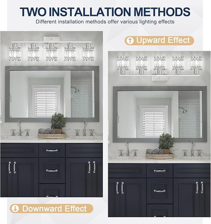 Crystal Modern Bathroom Light Fixtures, 5-Light Brushed Nickel Bathroom Vanity Wall Light, Vanity Lights for Mirror, Restroom, Bedroom (E26 Socket, Bulbs Not Included)