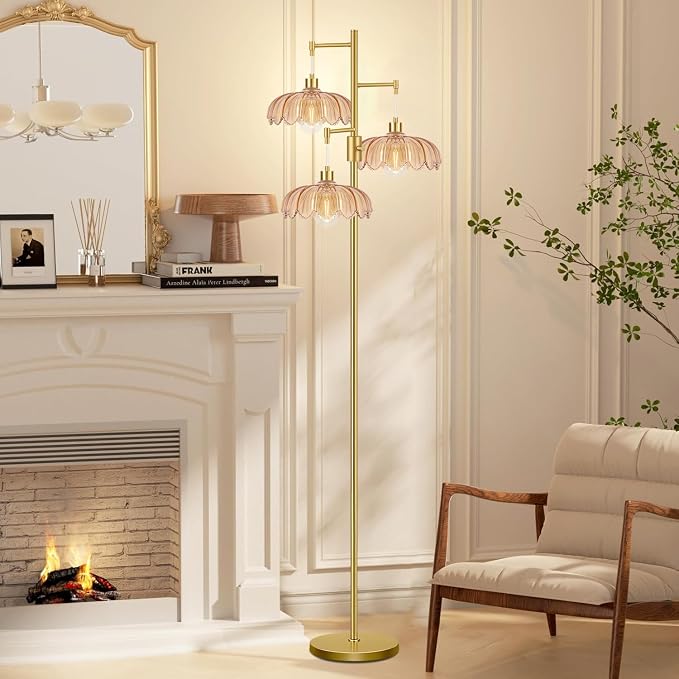 Gold Floor Lamps for Living Room Bedroom-3 Light Glass Floor Lamp with Three Led Bulb, Flower Tall Floor Lamp Dimmable Mid Century Modern Standing Lamp Vintage Tree Floor Lamps for Bedroom Corner