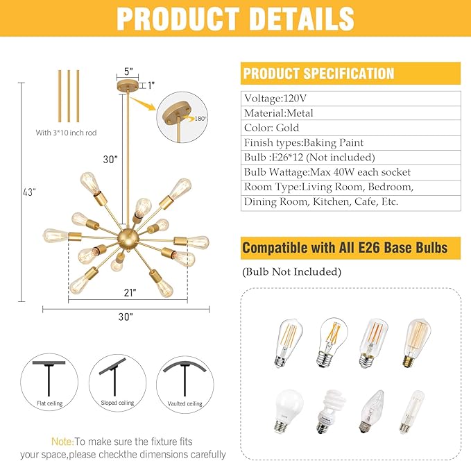 Gold Sputnik Chandelier, 12 Light Farmhouse Chandeliers for Dining Room Light Fixtures Over Table, Modern Ceiling Hanging Lighting for Living Dining Room, Kitchen Island, Entryway, Foyer