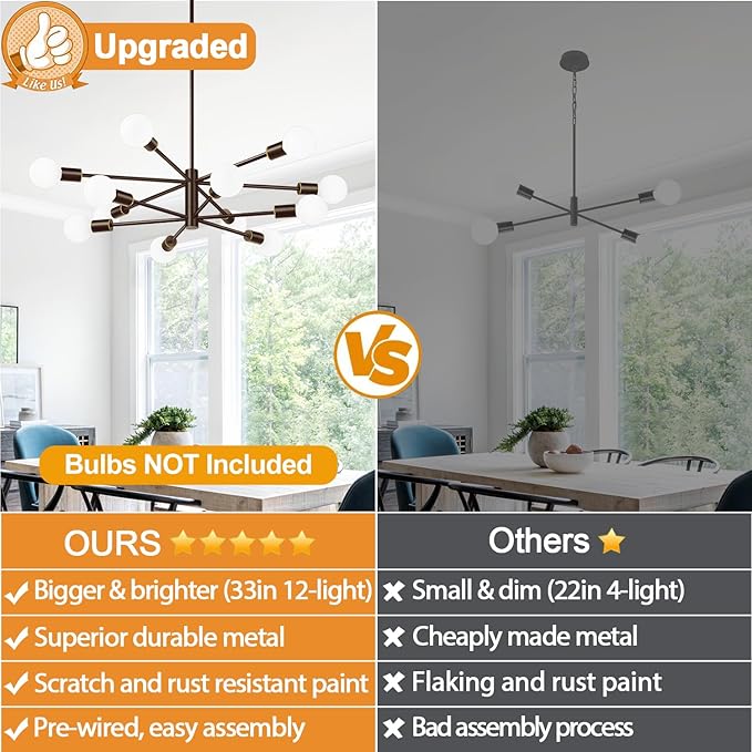 Sputnik Chandeliers Dining Room Light Fixture (12-Light, 33-Inch), Modern Brown and Gold Chandelier, Height Adjustable Mid Century Modern Chandeliers for Dining Room Kitchen (Bulbs Not Included)