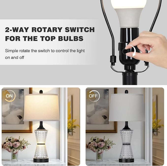 Modern Table Lamps for Living Room, 26" Tall Black Table Lamp with 2 Textured LED Night Light, 2 USB Charging Port & AC Outlet, Bedside Lamps for Bedroom Nightstands End Table Office, 2 Bulbs Included
