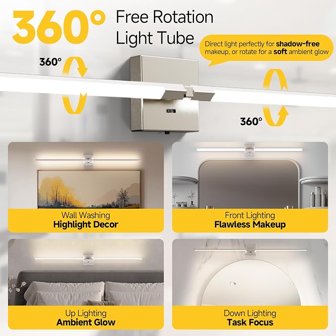 48 Inch Brushed Nickel Bathroom Vanity Light, Built-in Dimmer 2700K-6000K 2100LM LED, 360° Rotatable Bathroom Lights Over Mirror for Makeup, Shaving, Restroom, Powder Room ETL FCC