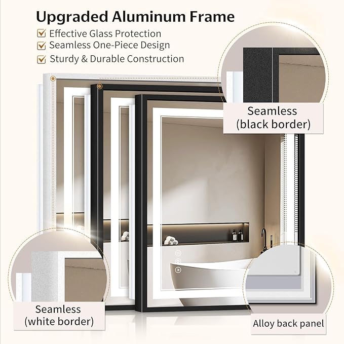 24"x32" LED Bathroom Mirror with Lights, Front & Backlit, Anti-Fog | Lighted Mirror with Dimmable, Aluminum Frame, 3 Color Temperature, CRI 90+, Touch Control with Memory, HD Tempered Glass