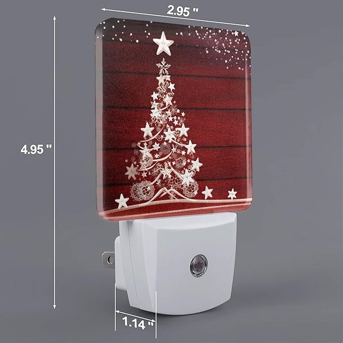 Winter Snowflake Pine Red Christmas Tree Wood Night Light Set of 2, Christmas Auto Sensor LED Dusk-to-Dawn Nightlights, Plug-in Sensor Lamp for Bedroom Bathroom Kitchen Hallway Stairs Decorative