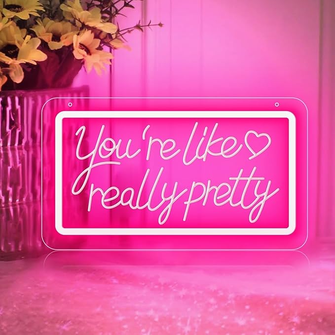 You’re Like Really Pretty Neon Sign – Pink LED Neon Light Wall Decor, 3D Art Carving, Dimmable USB Powered Night Light for Bedroom, Aesthetic Wall Decor, Christmas & Birthday Gift