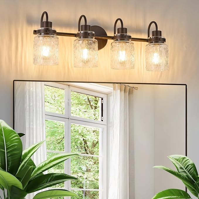 4 Lights Hammered Glass Bathroom Vanity Light, Oil Rubbed Bronze | Easy Installation,Up or Down,Farmhouse Modern Style,E26 Socket,ETL Certification
